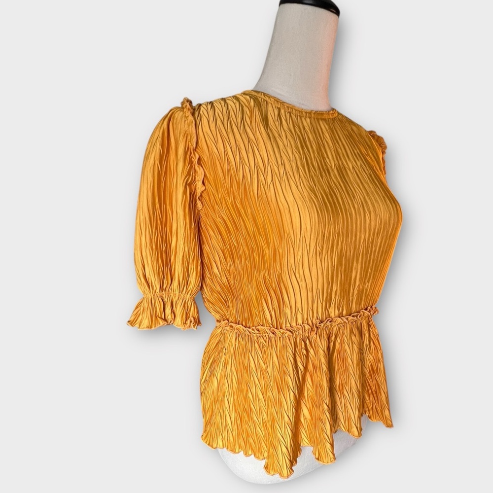 La Ven Anthropologie Gold Sateen Crepe Puff Sleeve Blouse Small NWOT